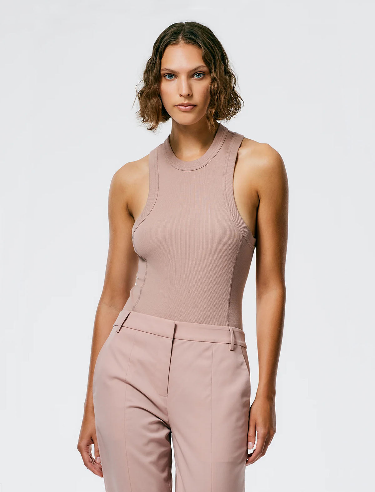 Tibi Ribbed T-Racerback Bodysuit in Toffee