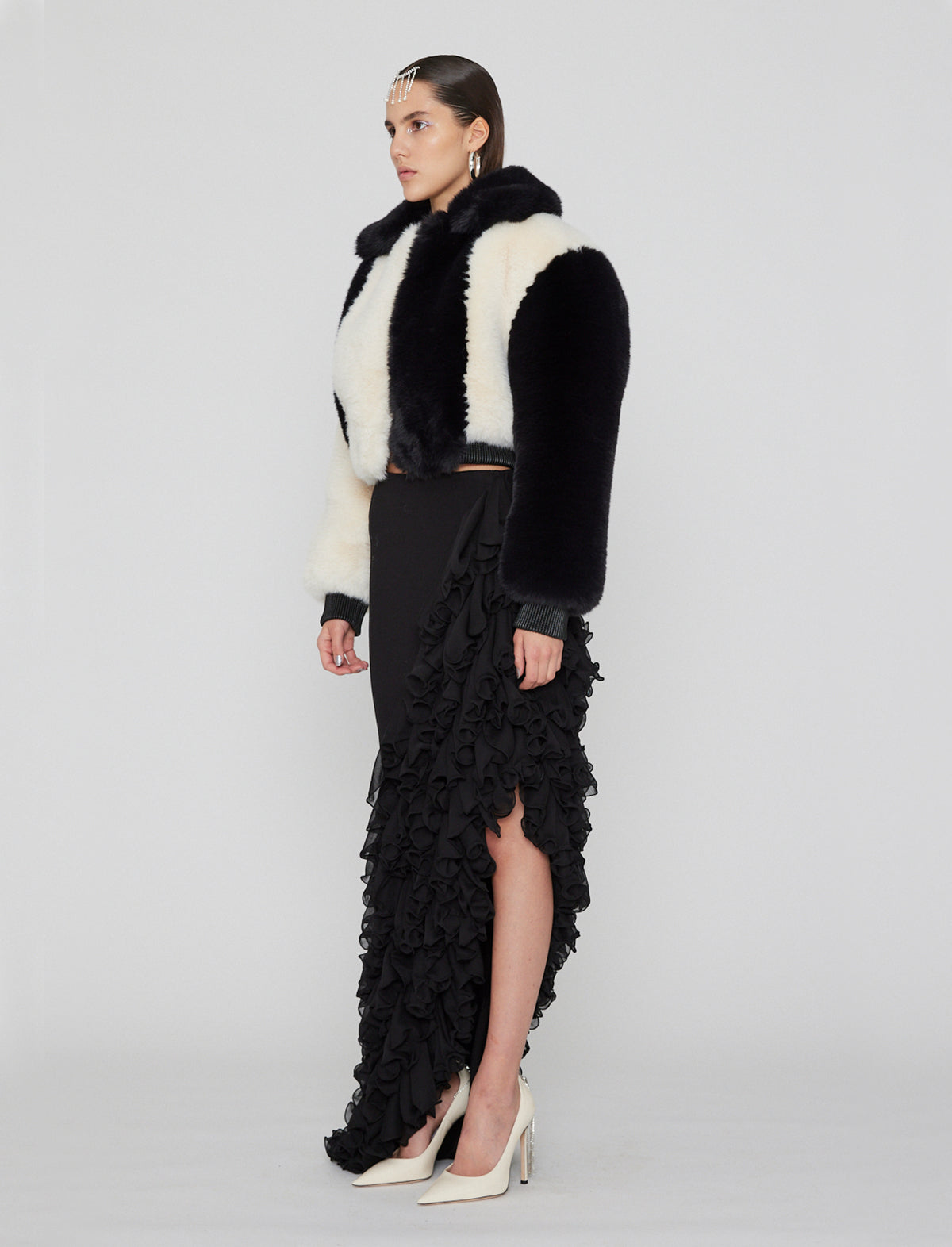 ROTATE Birger Christensen Colourblock Faux Fur Jacket in Black Comb