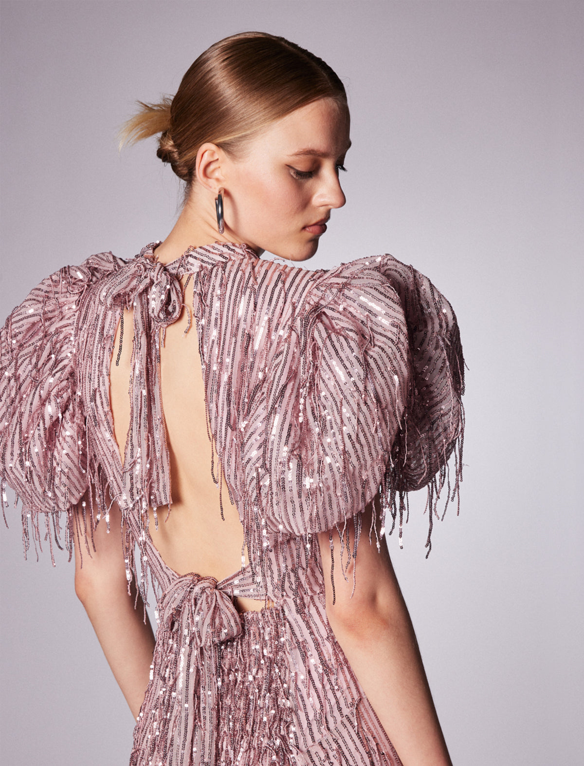 ROTATE ICONS Dawn Sequin Fringed Midi Dress in Blossom