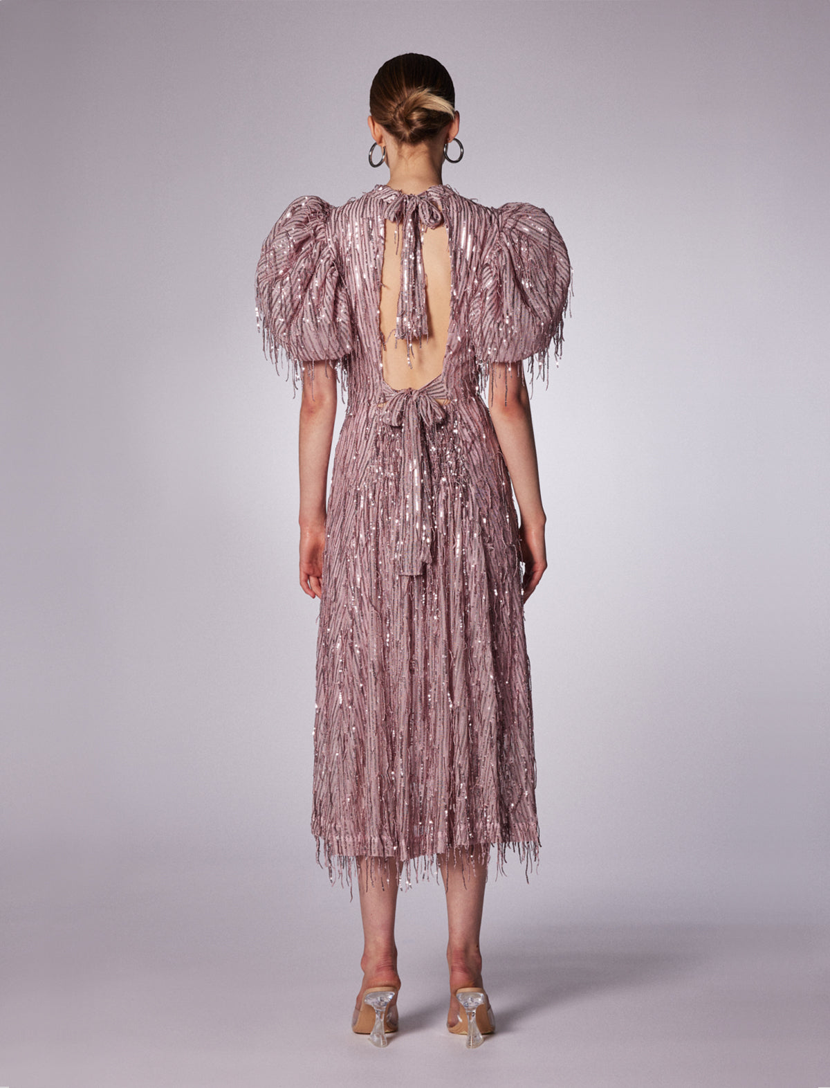 ROTATE ICONS Dawn Sequin Fringed Midi Dress in Blossom