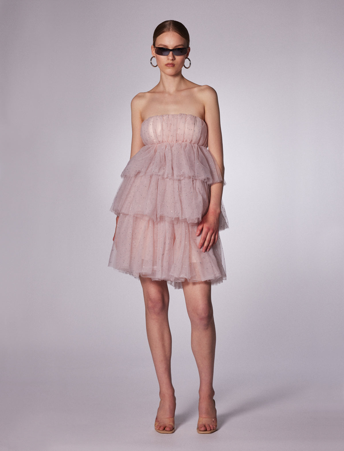 ROTATE ICONS Carlosa Crystal Tulle Ruffle Dress in Delicacy