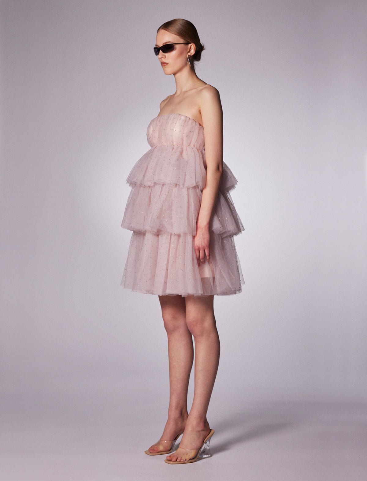 ROTATE ICONS Carlosa Crystal Tulle Ruffle Dress in Delicacy