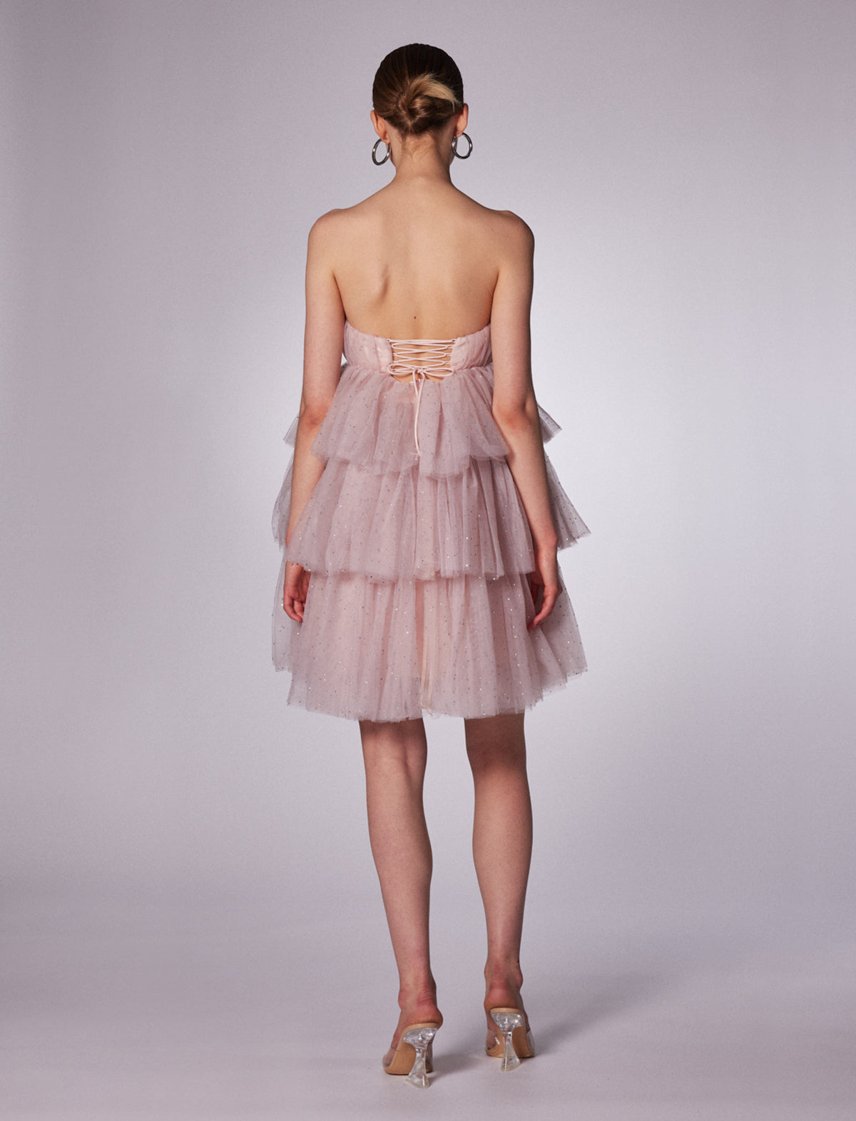 ROTATE ICONS Carlosa Crystal Tulle Ruffle Dress in Delicacy