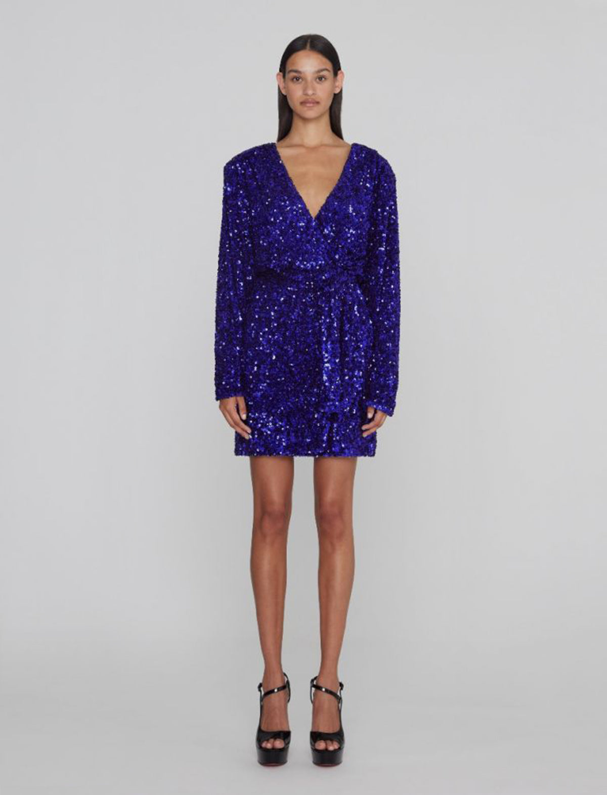 ROTATE Birger Christensen Sequin Wide Shoulder Wrap Dress in Blue Iris