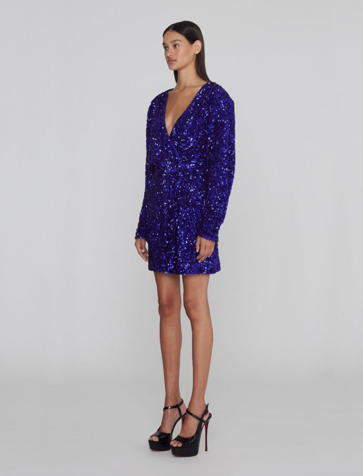 ROTATE Birger Christensen Sequin Wide Shoulder Wrap Dress in Blue Iris