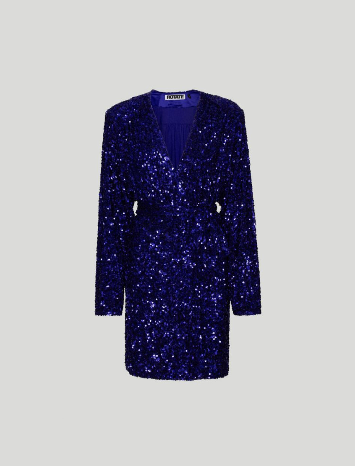 ROTATE Birger Christensen Sequin Wide Shoulder Wrap Dress in Blue Iris