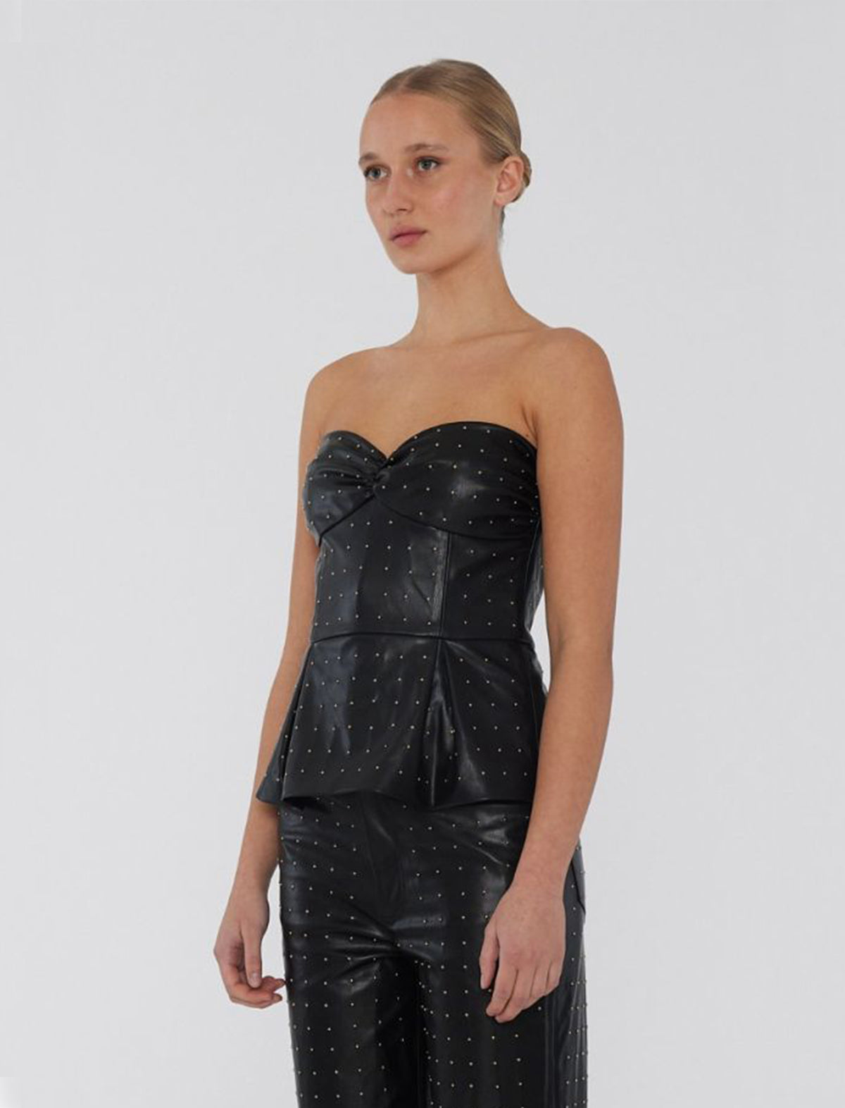 ROTATE Birger Christensen Studded Faux Leather Strapless Top in Black