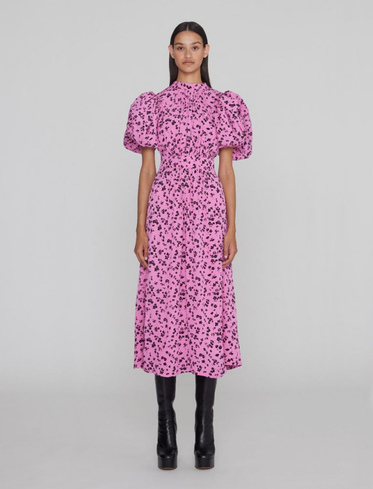 ROTATE Birger Christensen Fine Jacquard Puffy Dress in Super Pink Comb