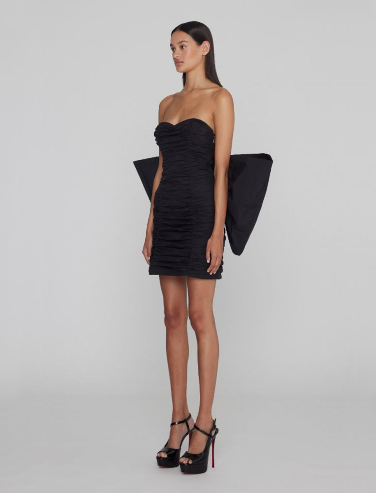 ROTATE Birger Christensen Taft Pleated Mini Bow Dress in Black