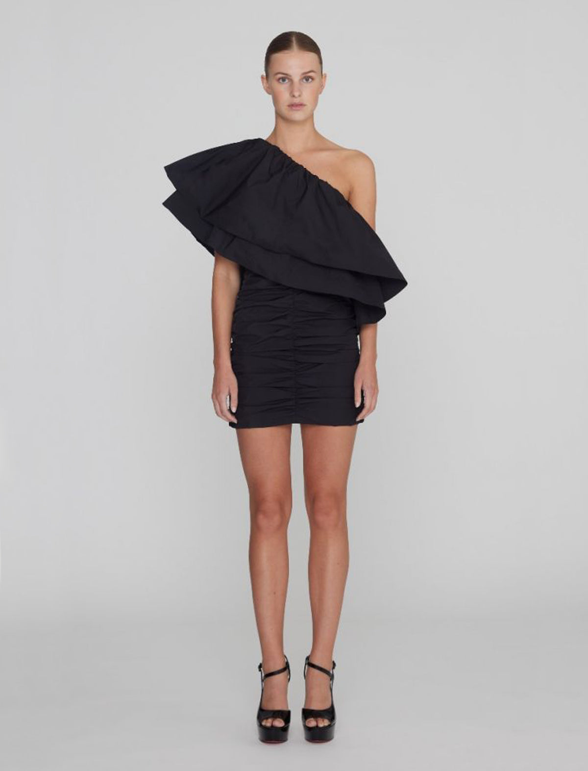 ROTATE Birger Christensen Taft Ruched One Shoulder Dress in Black