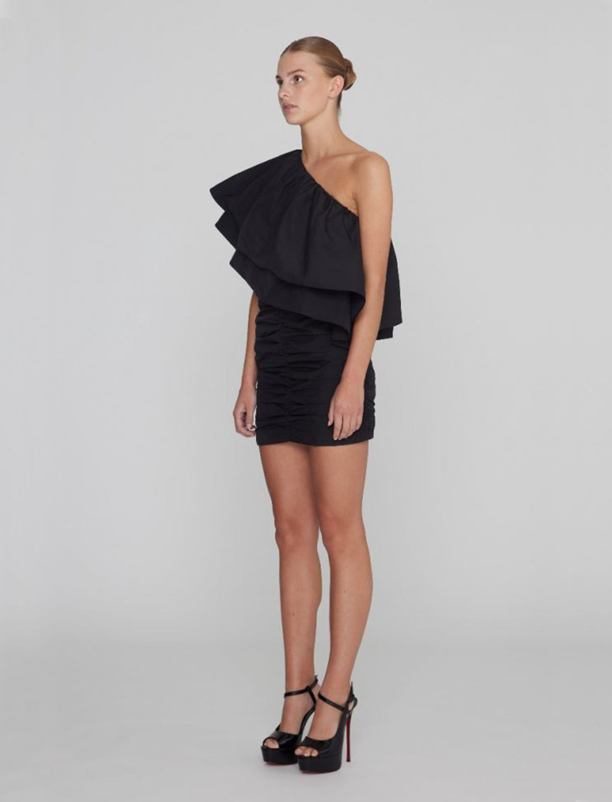 ROTATE Birger Christensen Taft Ruched One Shoulder Dress in Black