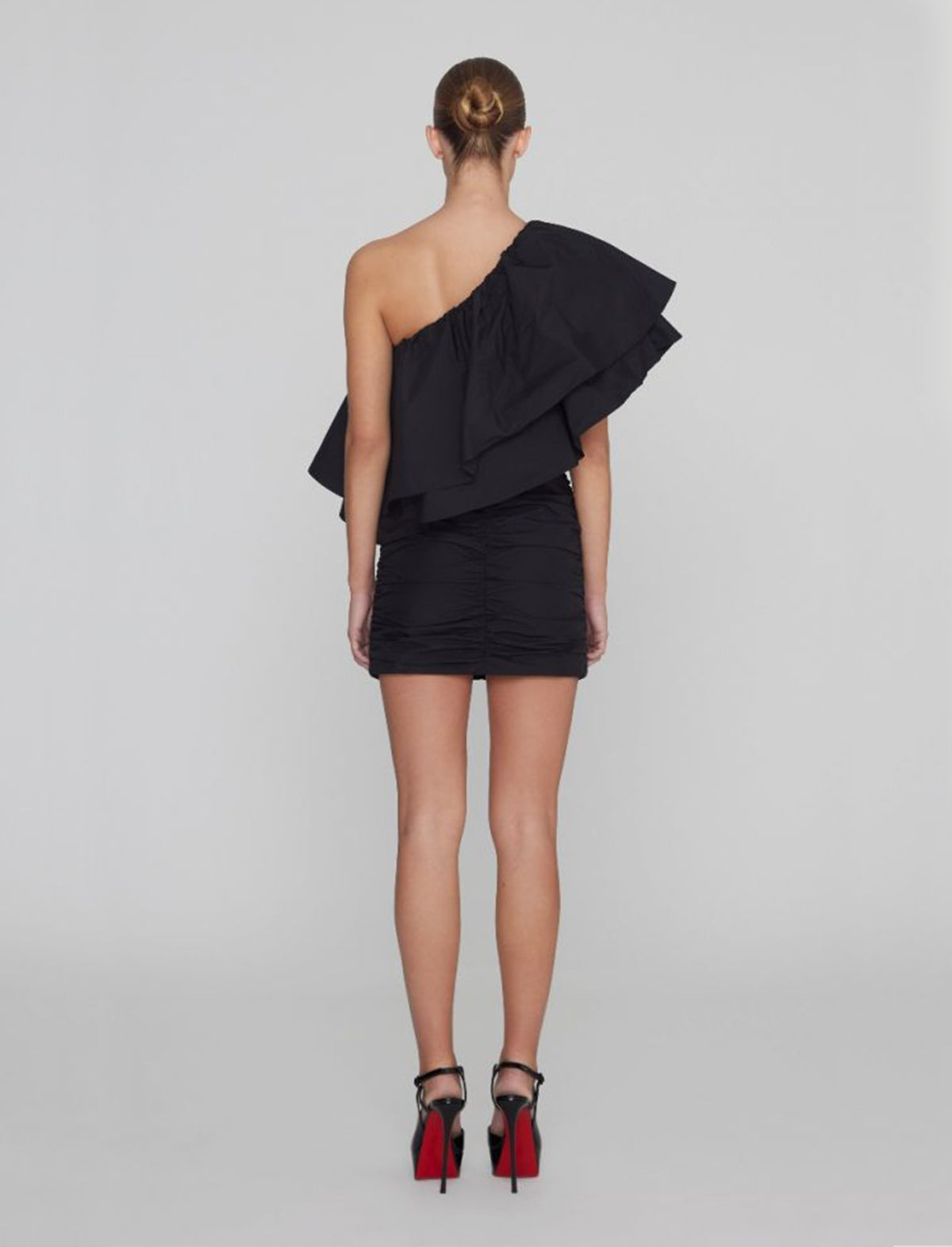 ROTATE Birger Christensen Taft Ruched One Shoulder Dress in Black