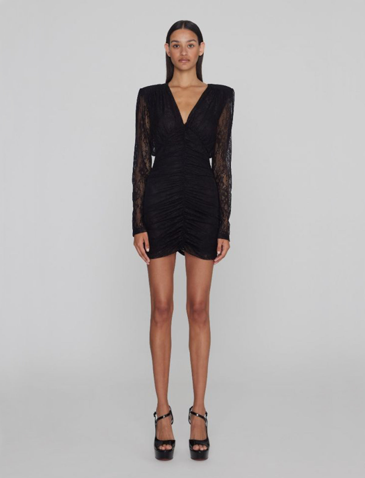 ROTATE Birger Christensen Mesh Lace Ruched Mini Dress in Black