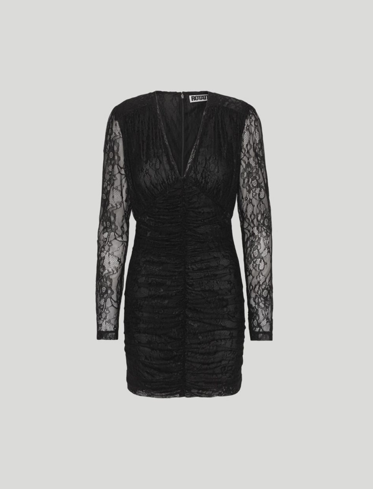 ROTATE Birger Christensen Mesh Lace Ruched Mini Dress in Black
