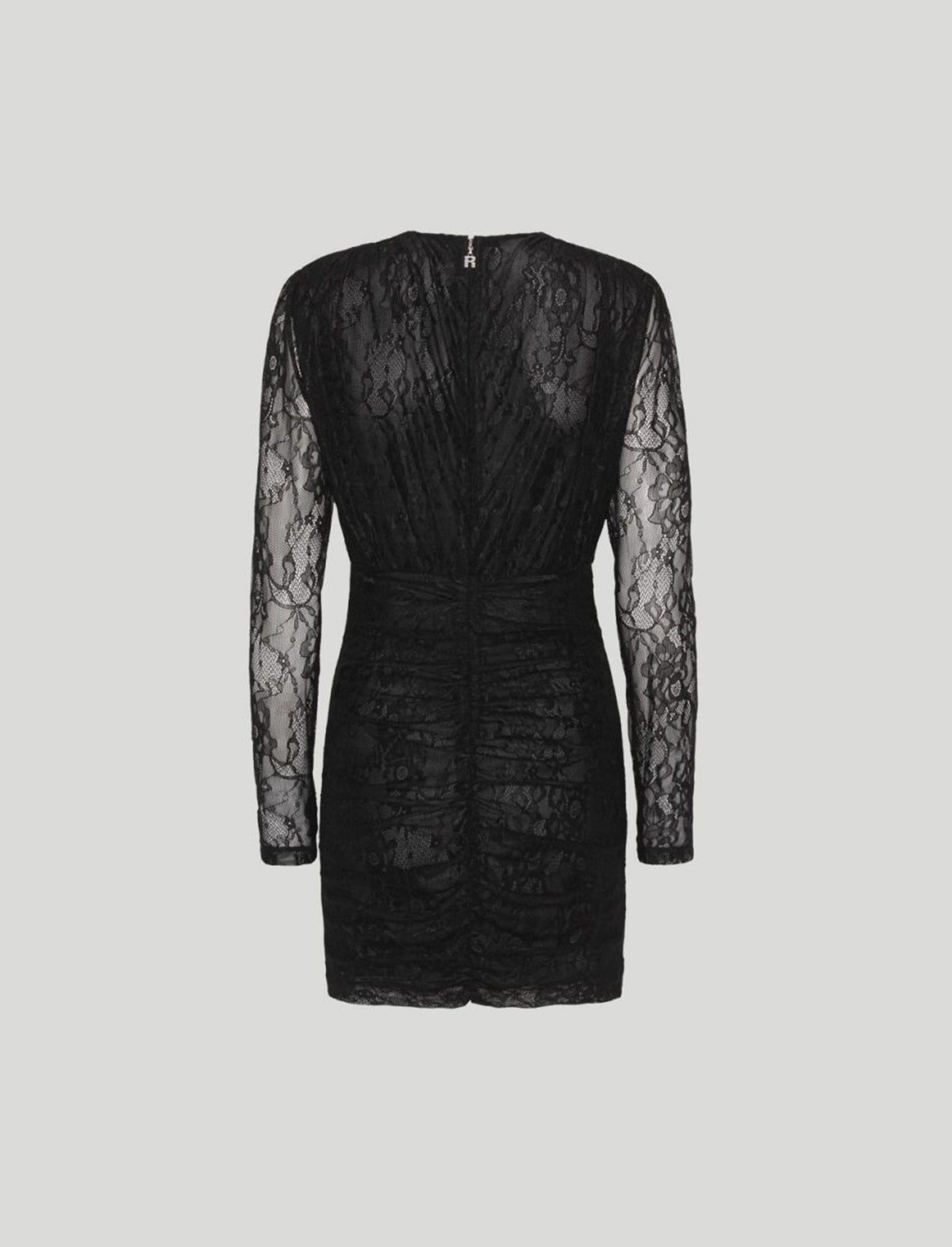 ROTATE Birger Christensen Mesh Lace Ruched Mini Dress in Black