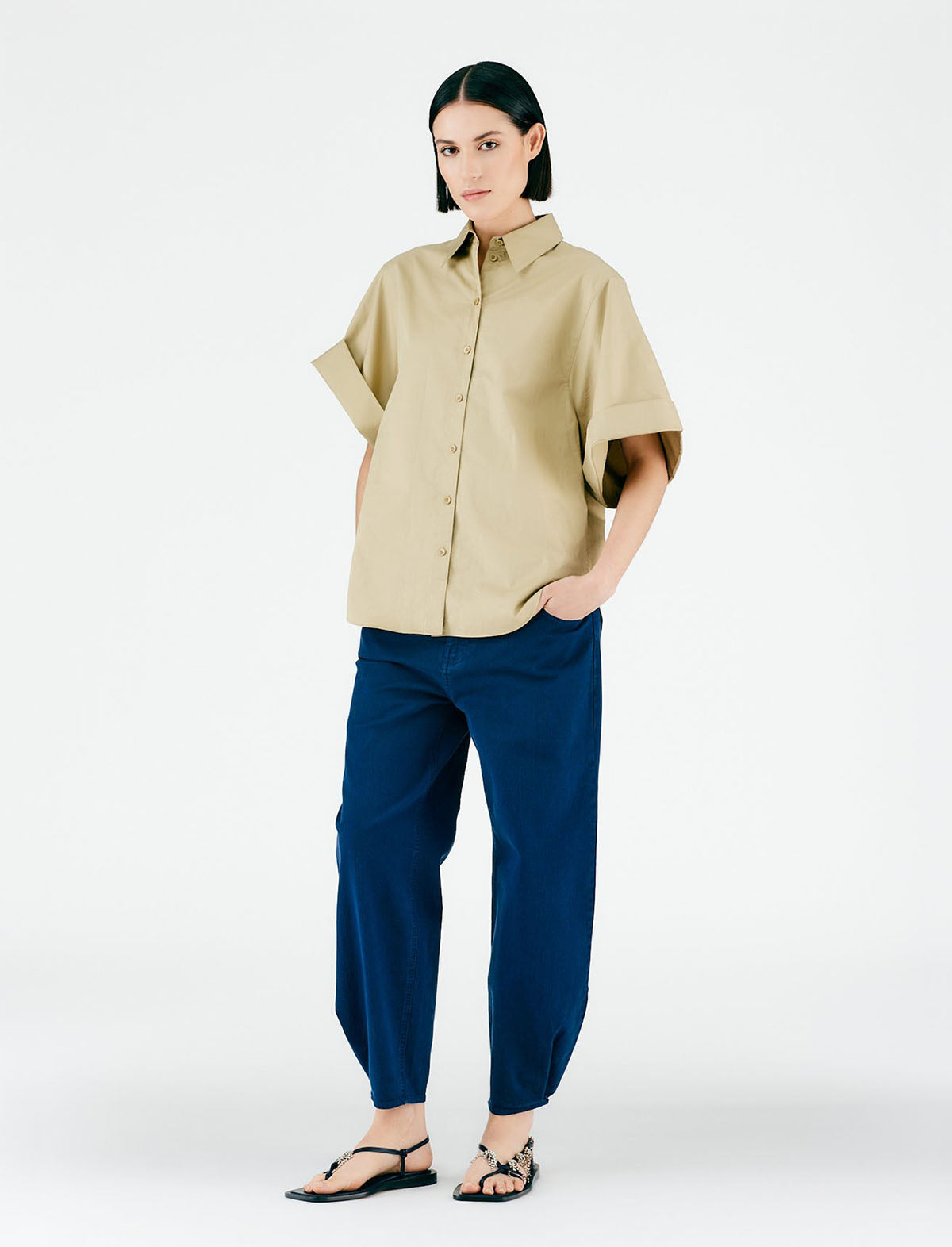 TIBI Eco Poplin Rolled Sleeve Shirt in Clay