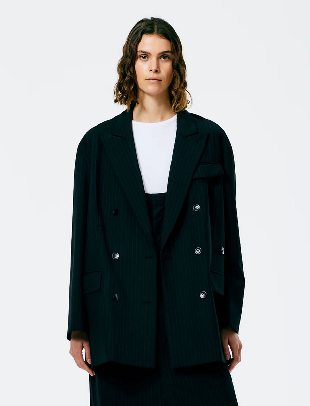 TIBI Dominic Pinstripe Double Breasted Liam Blazer Jacket in Black/White Multi