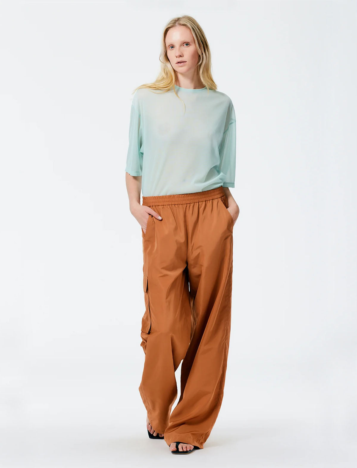 TIBI Italian Sporty Nylon Wide Leg Pull-on Pants in Sienna