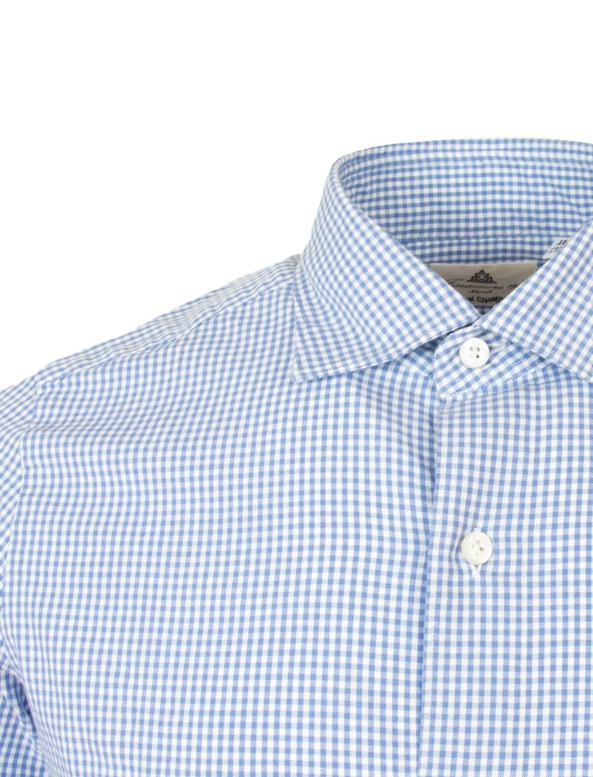 FINAMORE 1925 Tokyo Cotton Chambray Shirt in Light Blue Checks | CLOSET Singapore