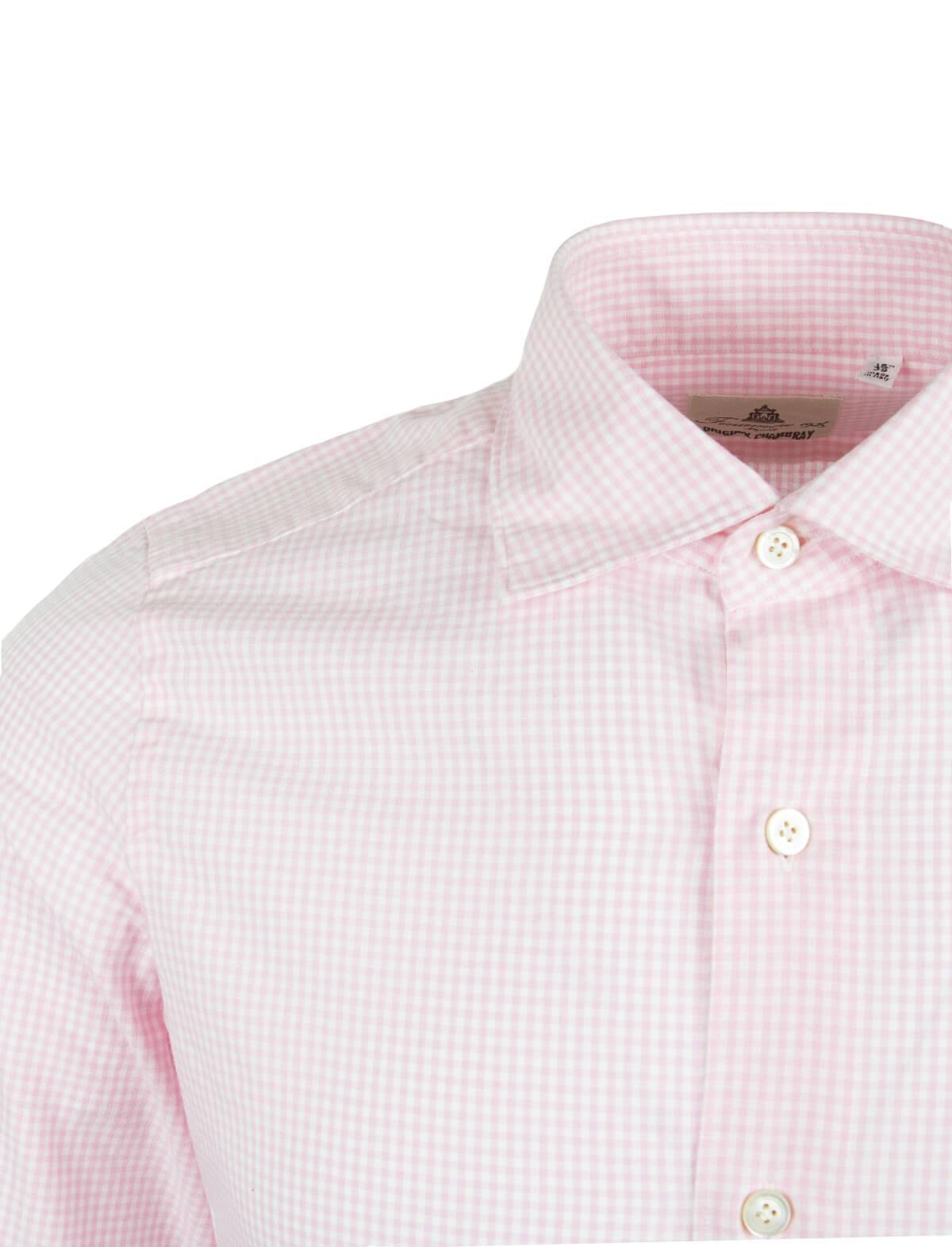 FINAMORE 1925 Tokyo Cotton Chambray Shirt in Light Pink Checks | CLOSET Singapore