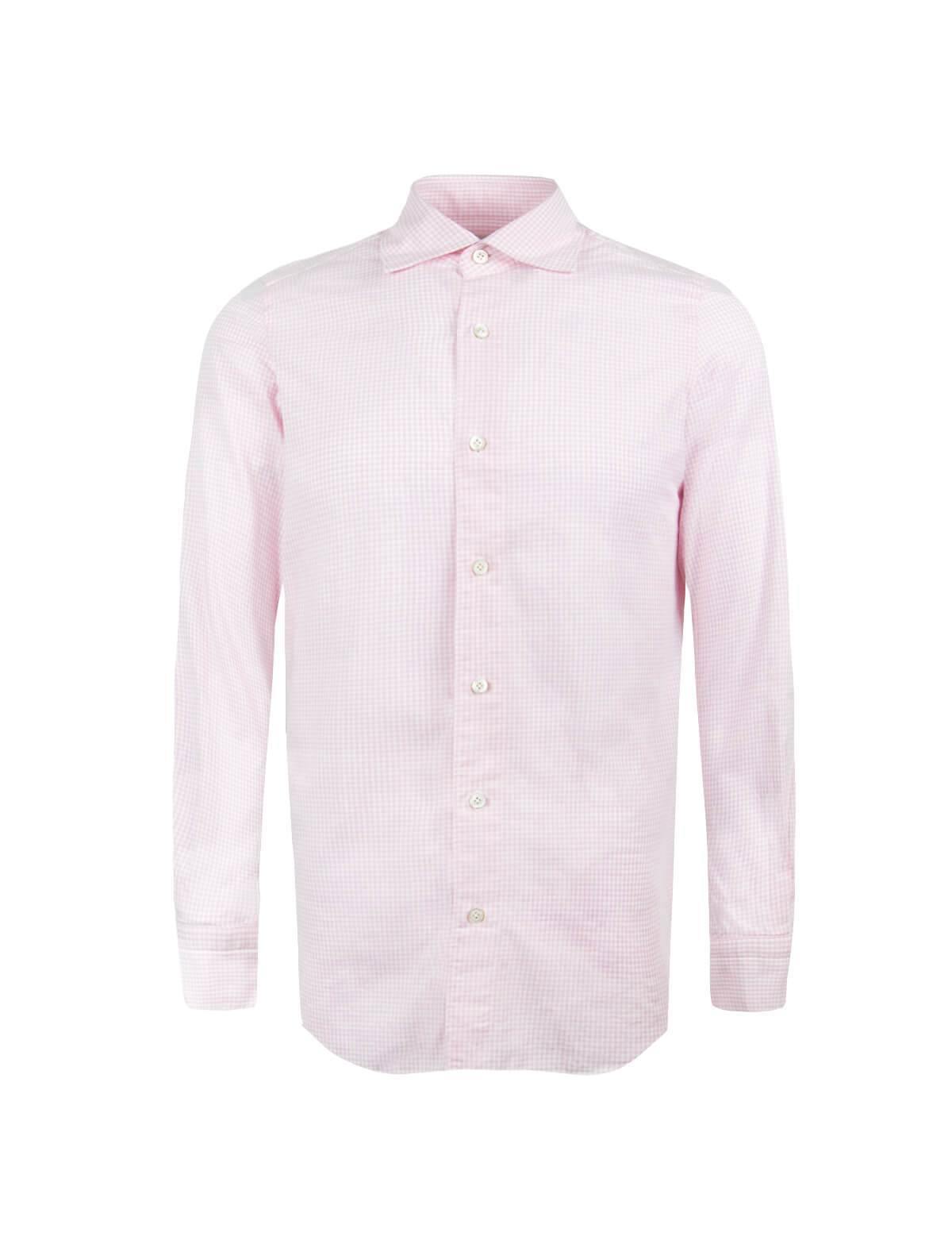 FINAMORE 1925 Tokyo Cotton Chambray Shirt in Light Pink Checks | CLOSET Singapore