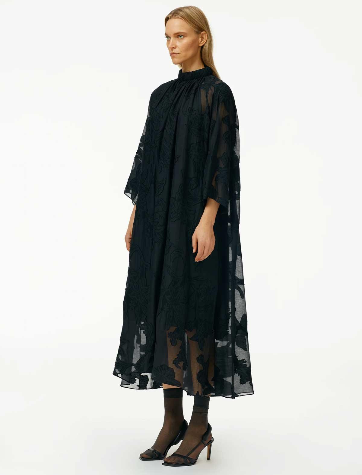 Lana Fil Coupé Shirred Neck Maxi Dress in Black - CLOSET Singapore
