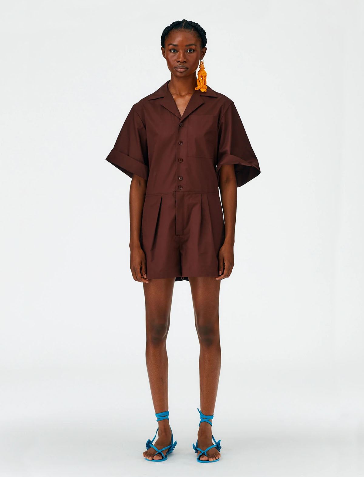 TIBI Eco Poplin Short Jumpsuit in Brown