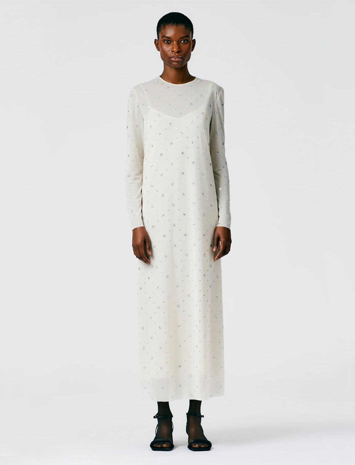 TIBI Sheer Metallic Speckle Long Sleeve Open Back Dress in Champagne