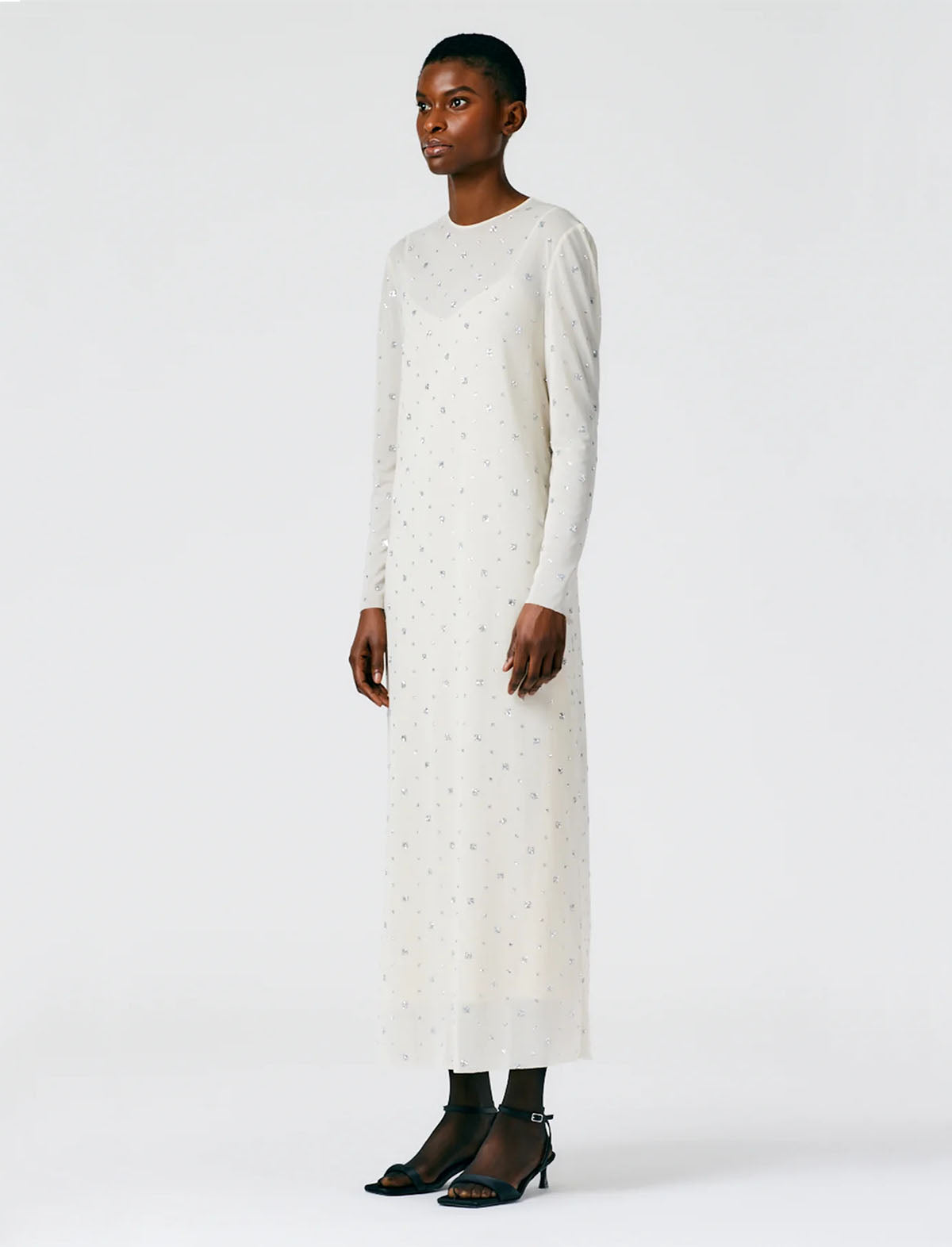 TIBI Sheer Metallic Speckle Long Sleeve Open Back Dress in Champagne