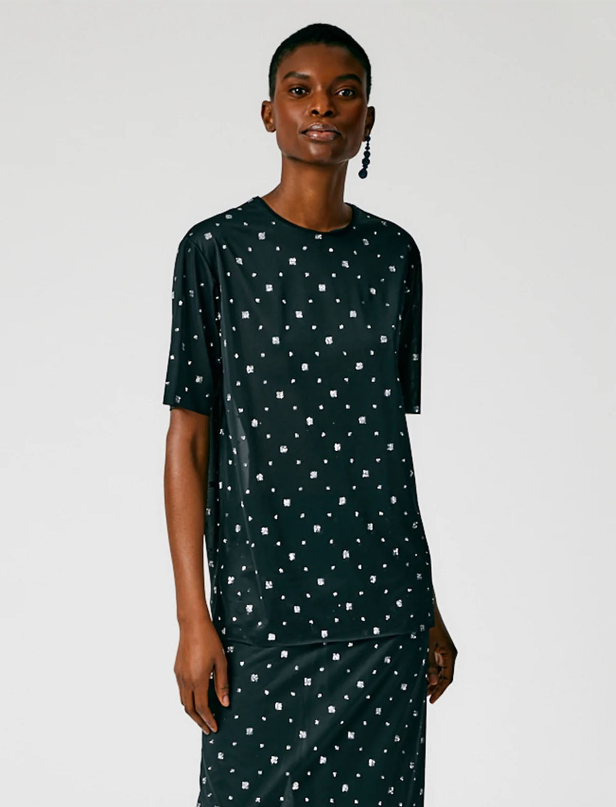 TIBI Sheer Metallic Speckle Easy T-Shirt in Black