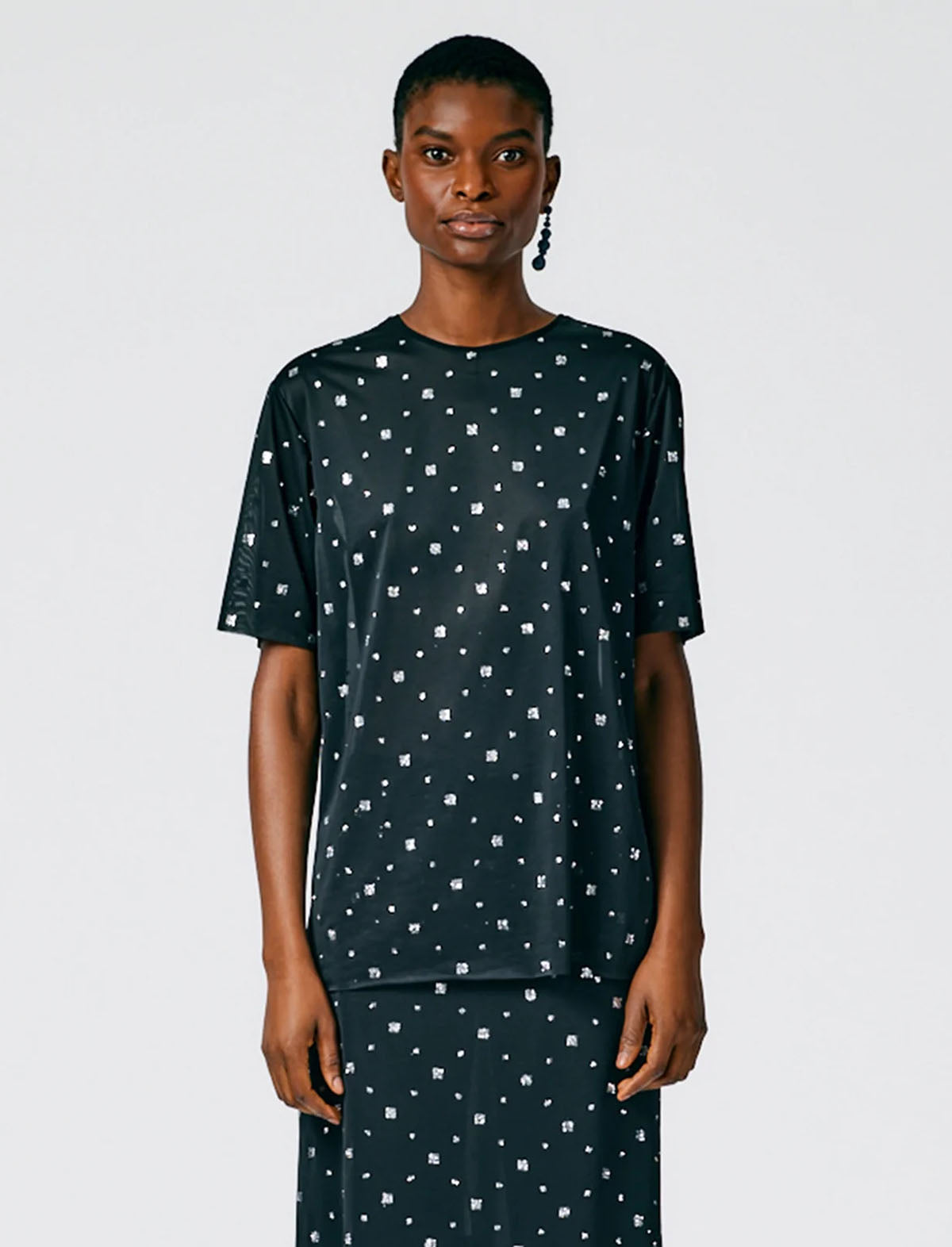 TIBI Sheer Metallic Speckle Easy T-Shirt in Black