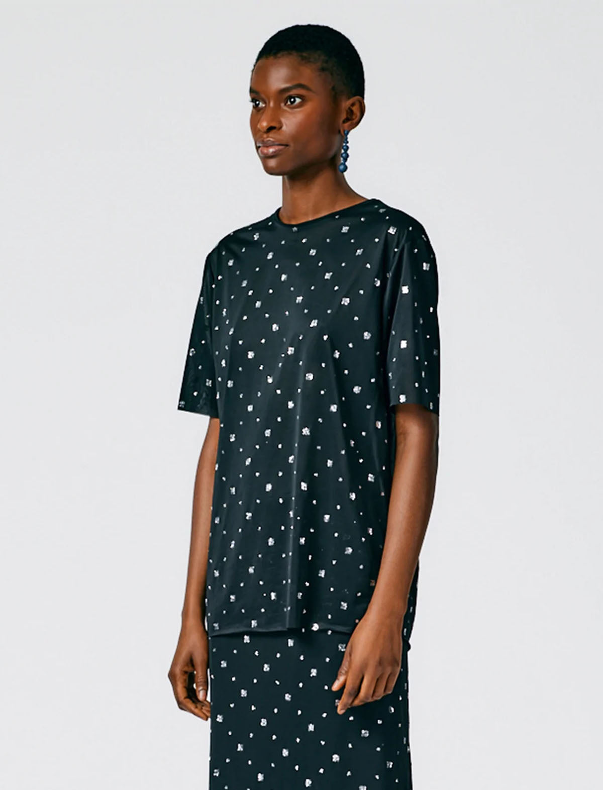 TIBI Sheer Metallic Speckle Easy T-Shirt in Black