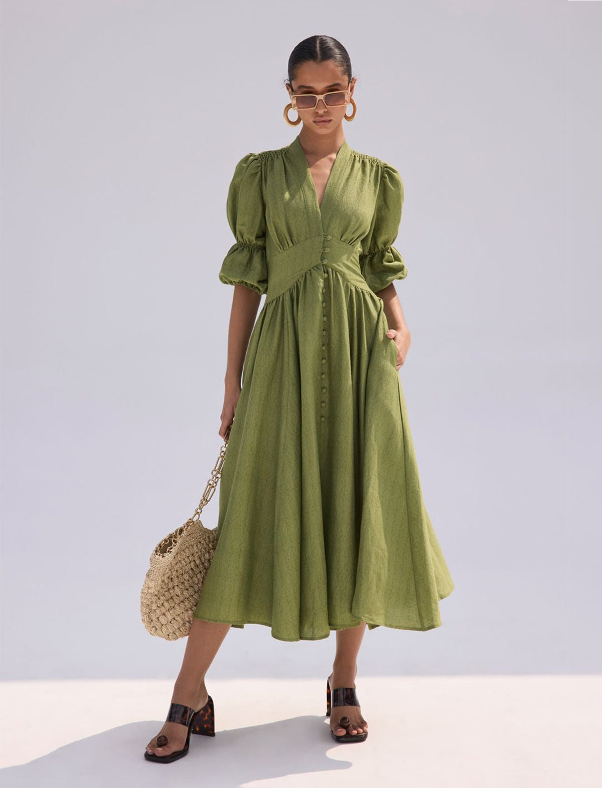 CULT GAIA Willow Linen Dress in Palm