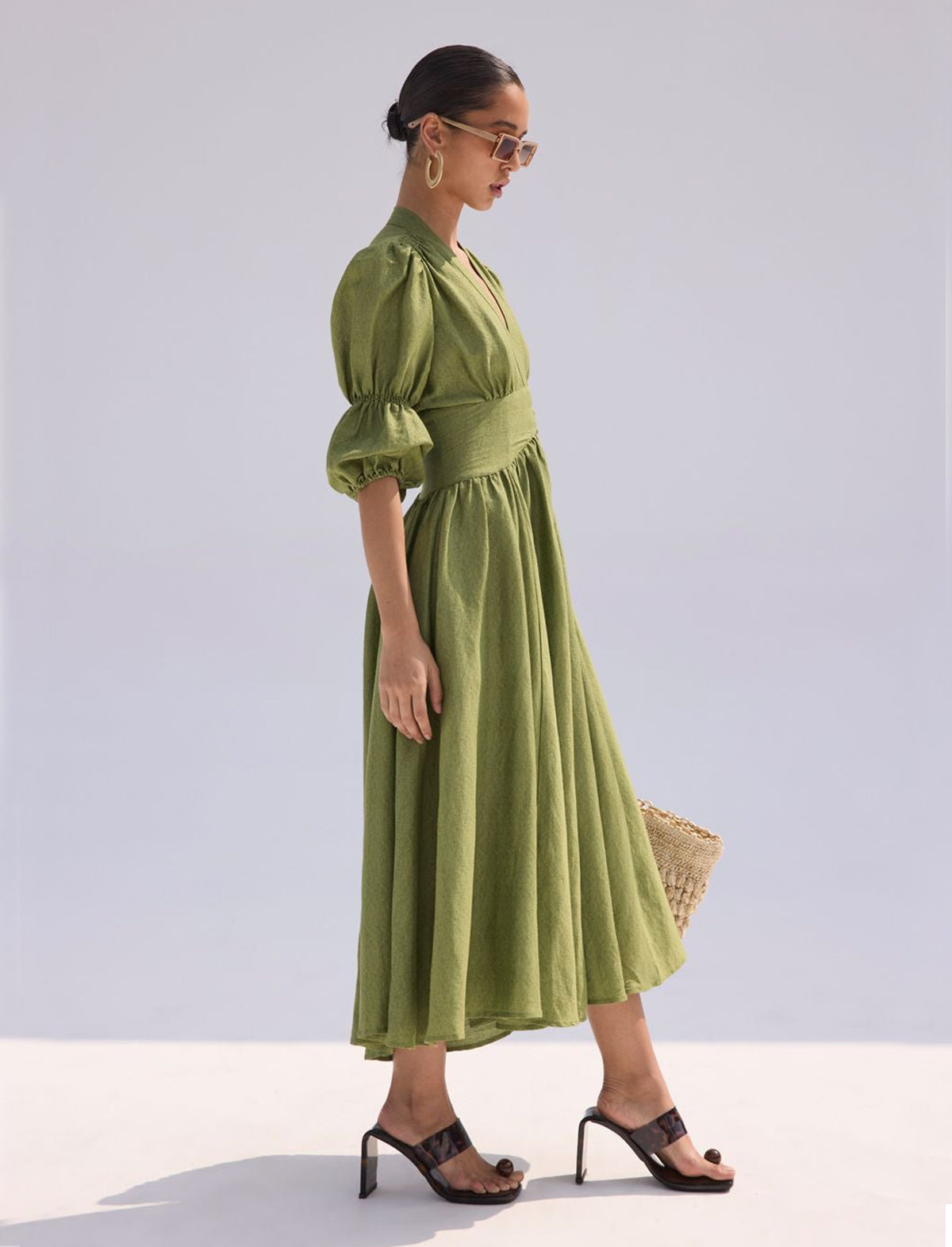 CULT GAIA Willow Linen Dress in Palm