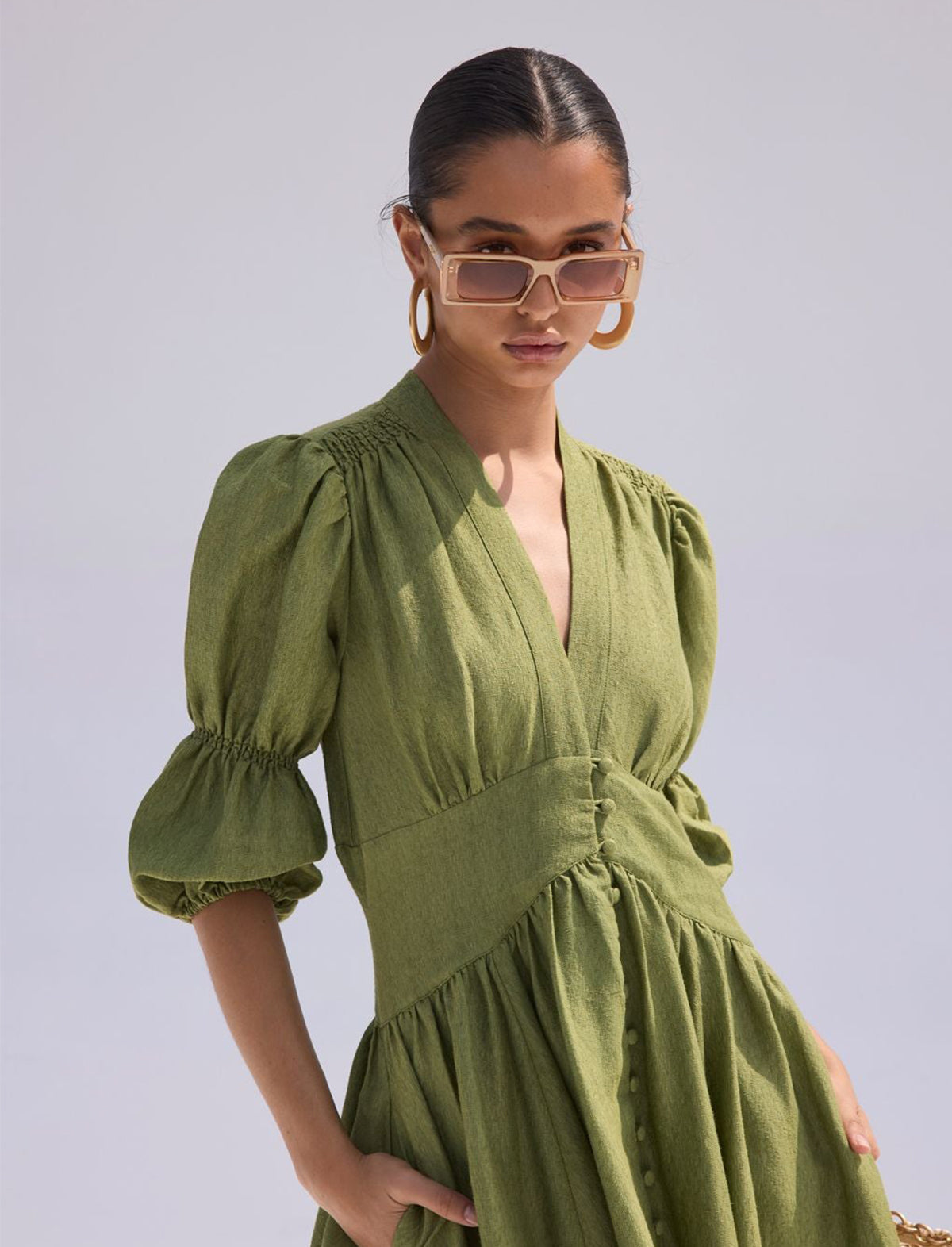 CULT GAIA Willow Linen Dress in Palm