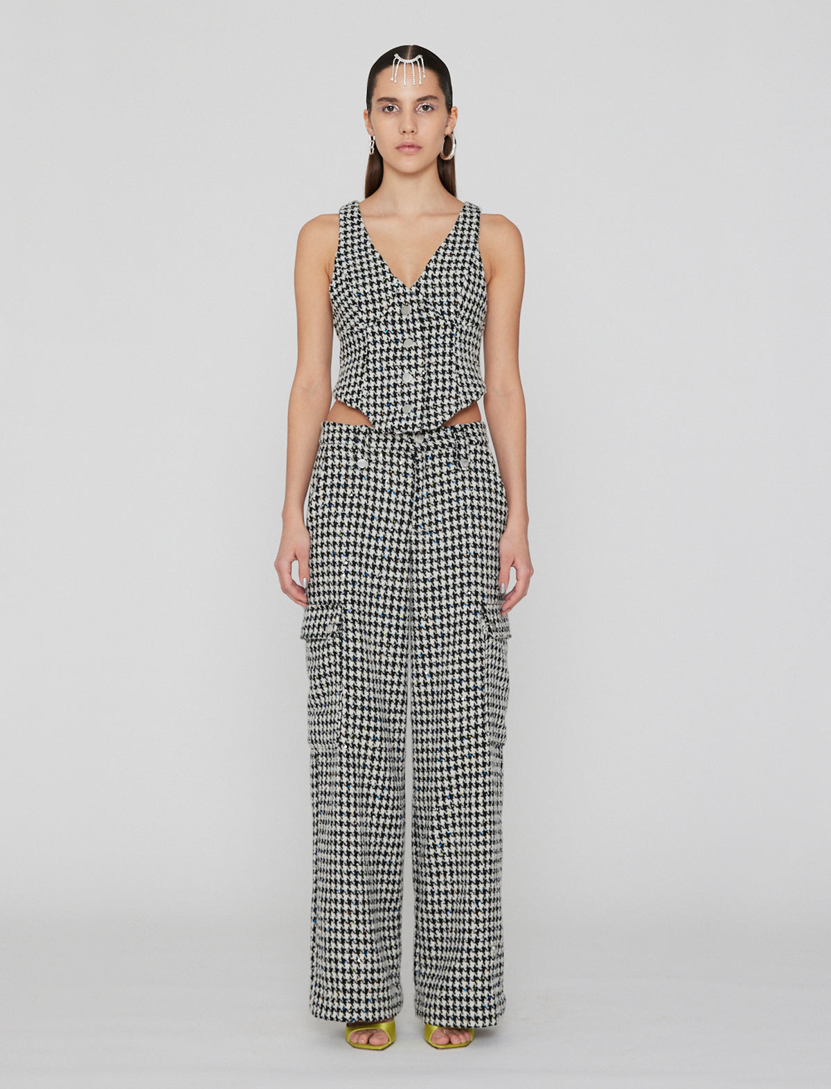 ROTATE Birger Christensen Sparkly Houndstooth Vest in Black Comb