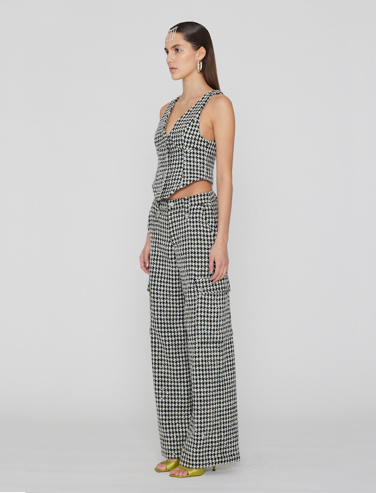 ROTATE Birger Christensen Sparkly Houndstooth Vest in Black Comb