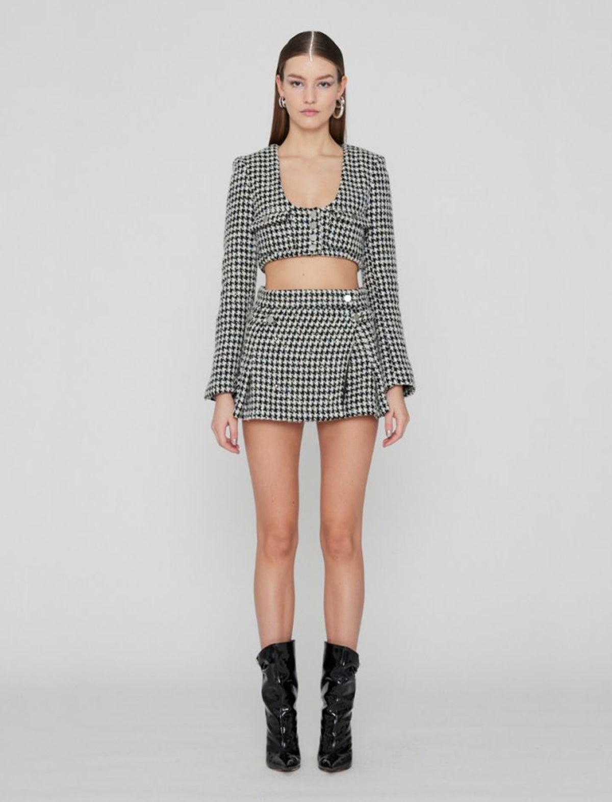 ROTATE Birger Christensen Sparkly Houndstooth Skirt in Black Comb