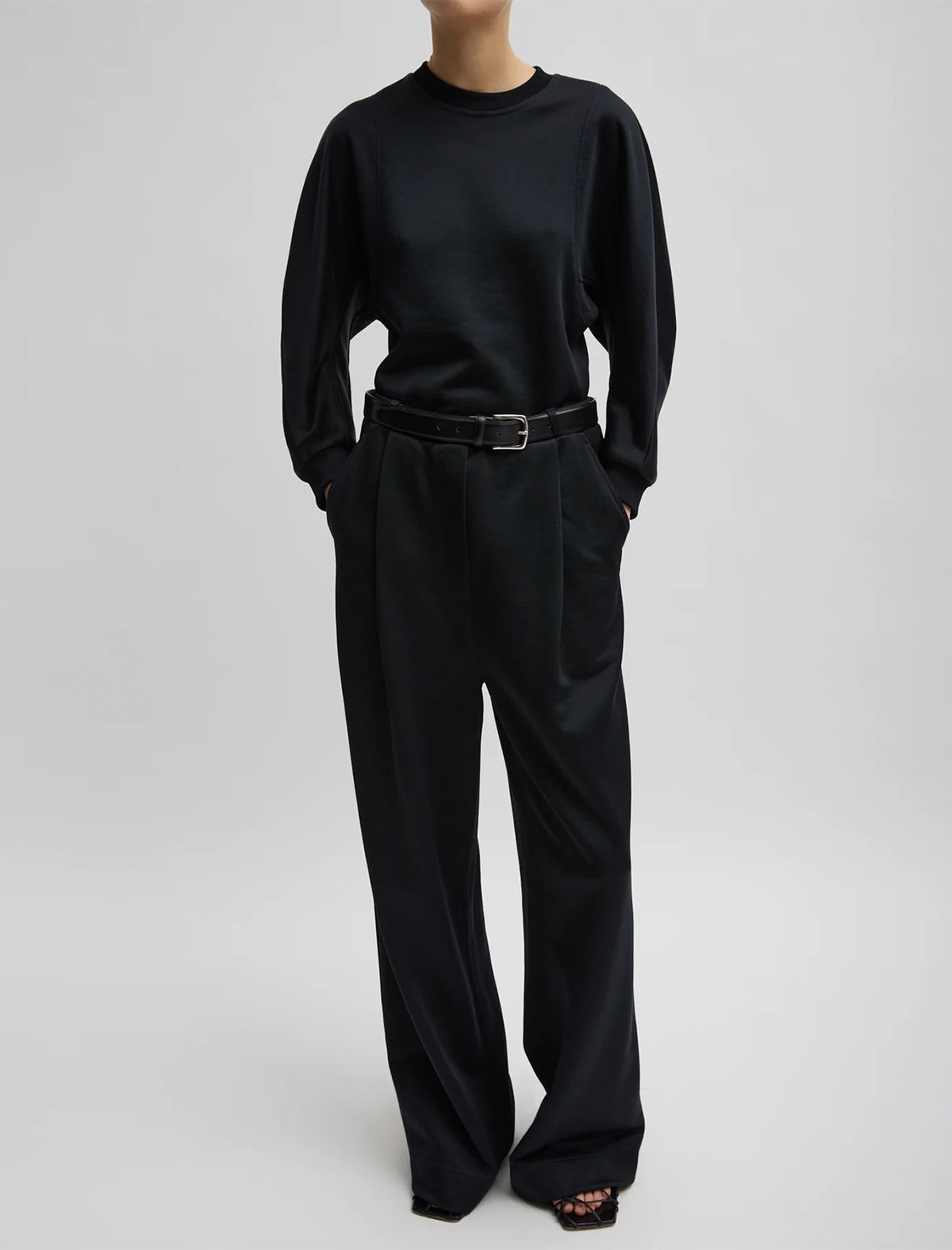 TIBI Silk Terry Sculpted Sleeve Slim Sweatshirt In Black