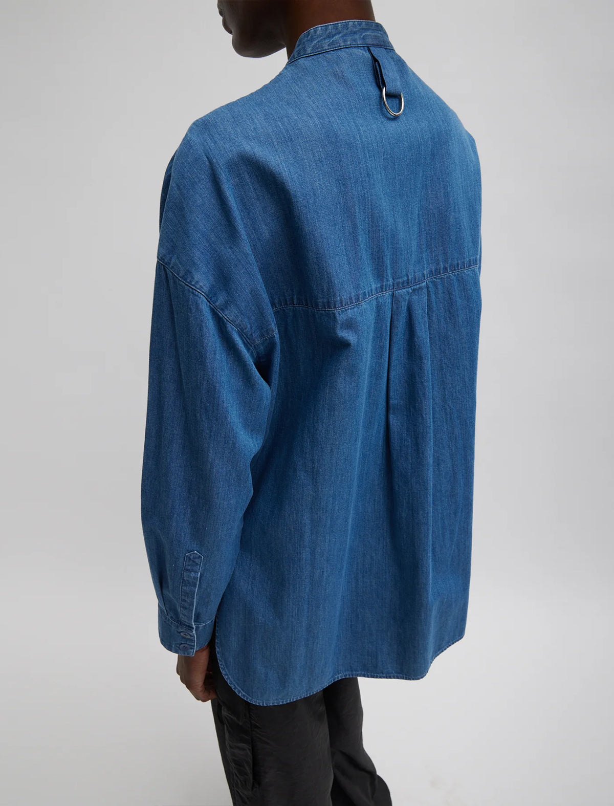 TIBI Light Weight Stone Wash Denim Tuxedo Shirt In Denim Blue