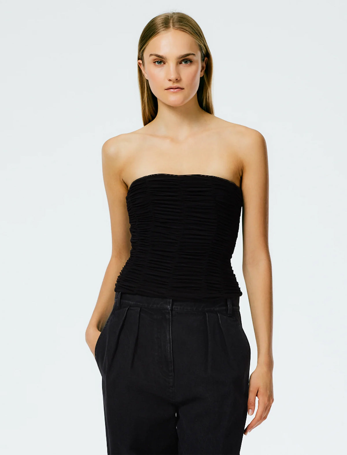 TIBI DRAPEY JERSEY RUCHED STRAPLESS TOP In Black