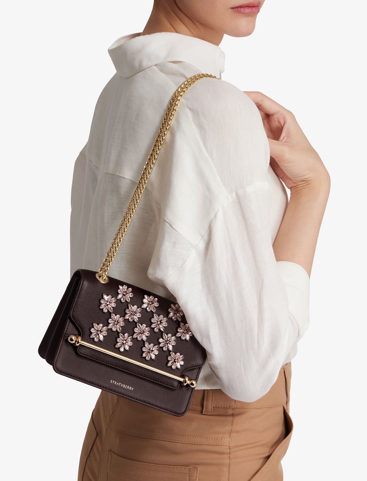 STRATHBERRY East/West Mini Bag in Floral Embroidered Burgundy