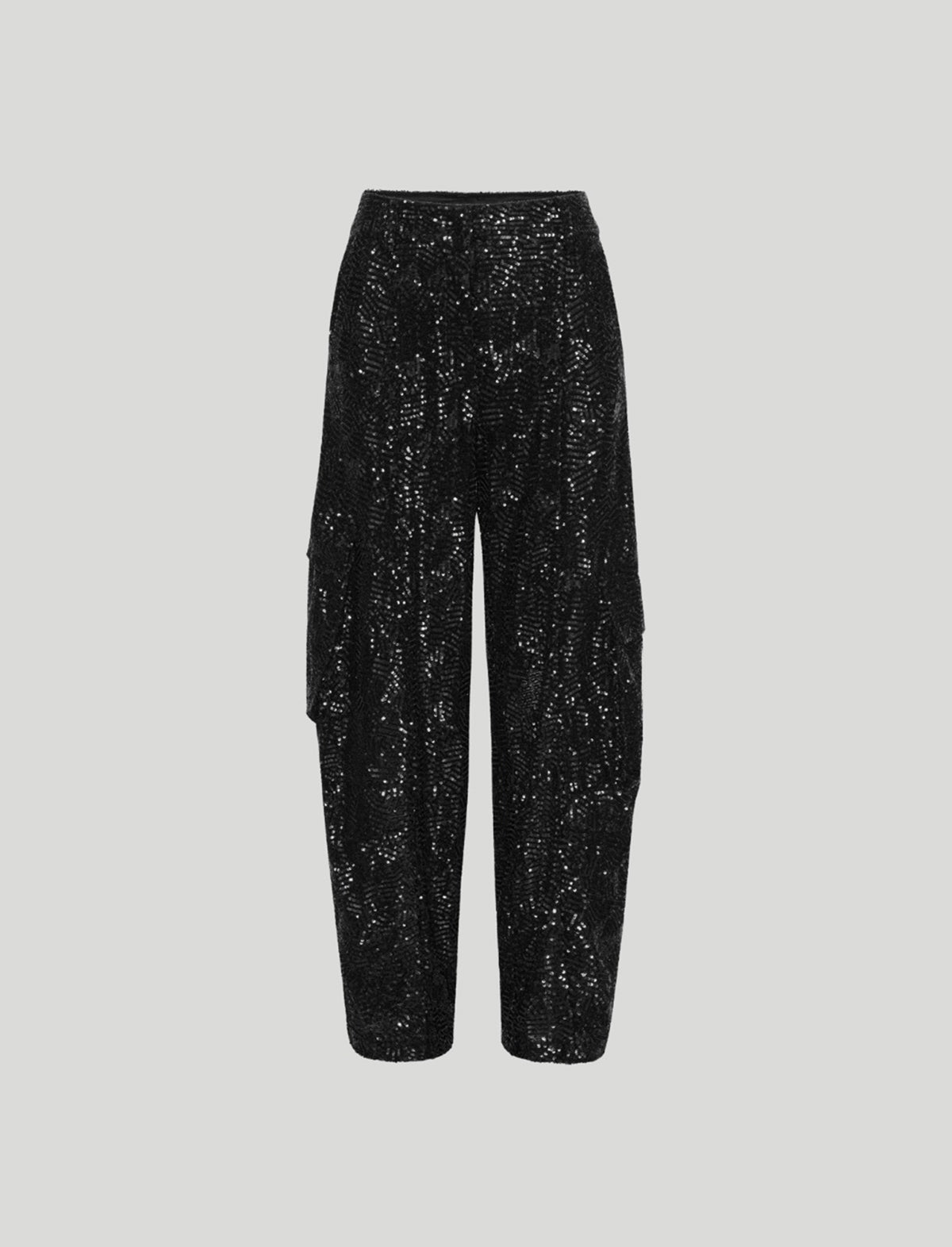 ROTATE Holiday Sequined Cargo Satin Pants in Black