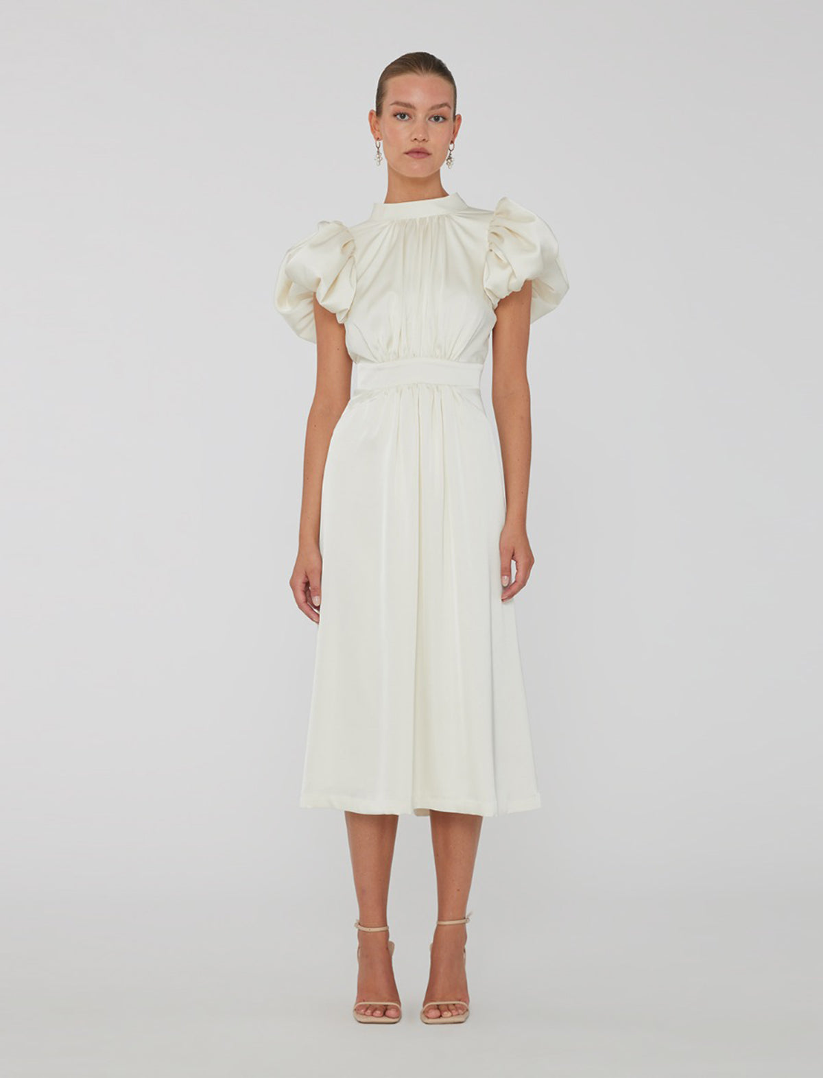 ROTATE Birger Christensen Satin Puff Midi Dress In Egret White | CLOSET ...