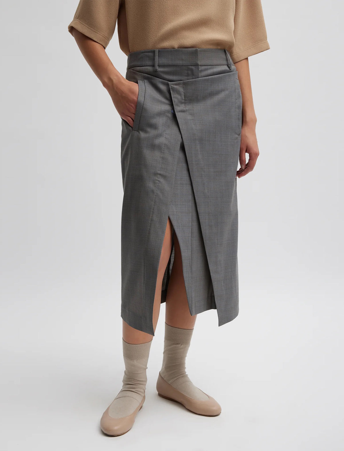 TIBI Grant Crossdye Suiting Wrap Trouser Skirt In Grey Multi