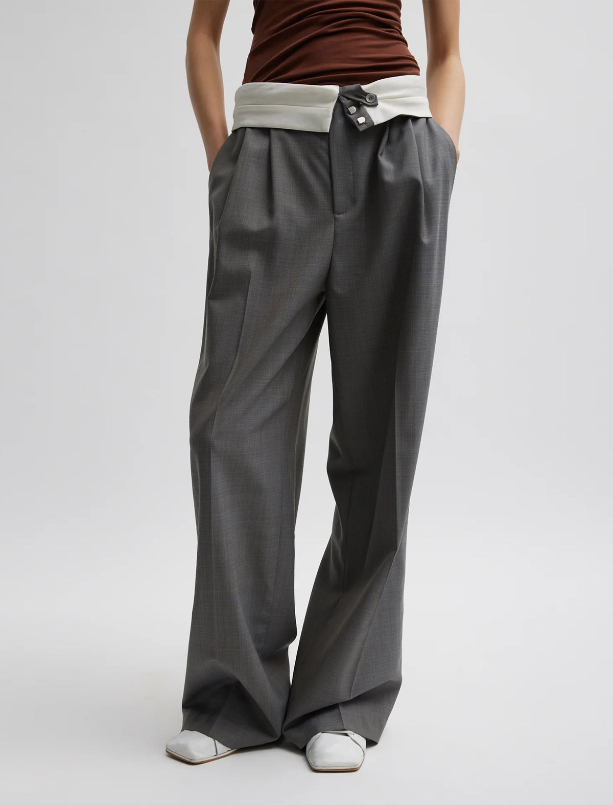 TIBI Grant Suiting Fold Over Trouser In Grey Multi