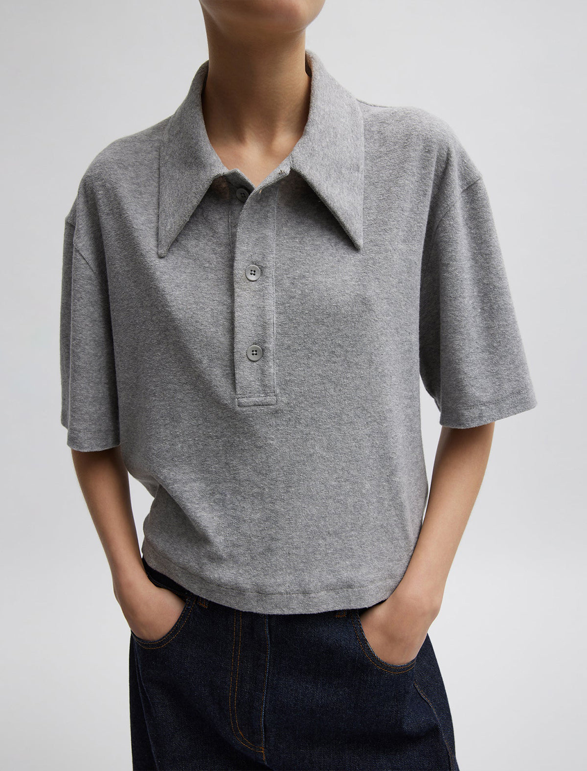 TIBI Dry Loop Terry Easy Polo Shirt In Heather Grey