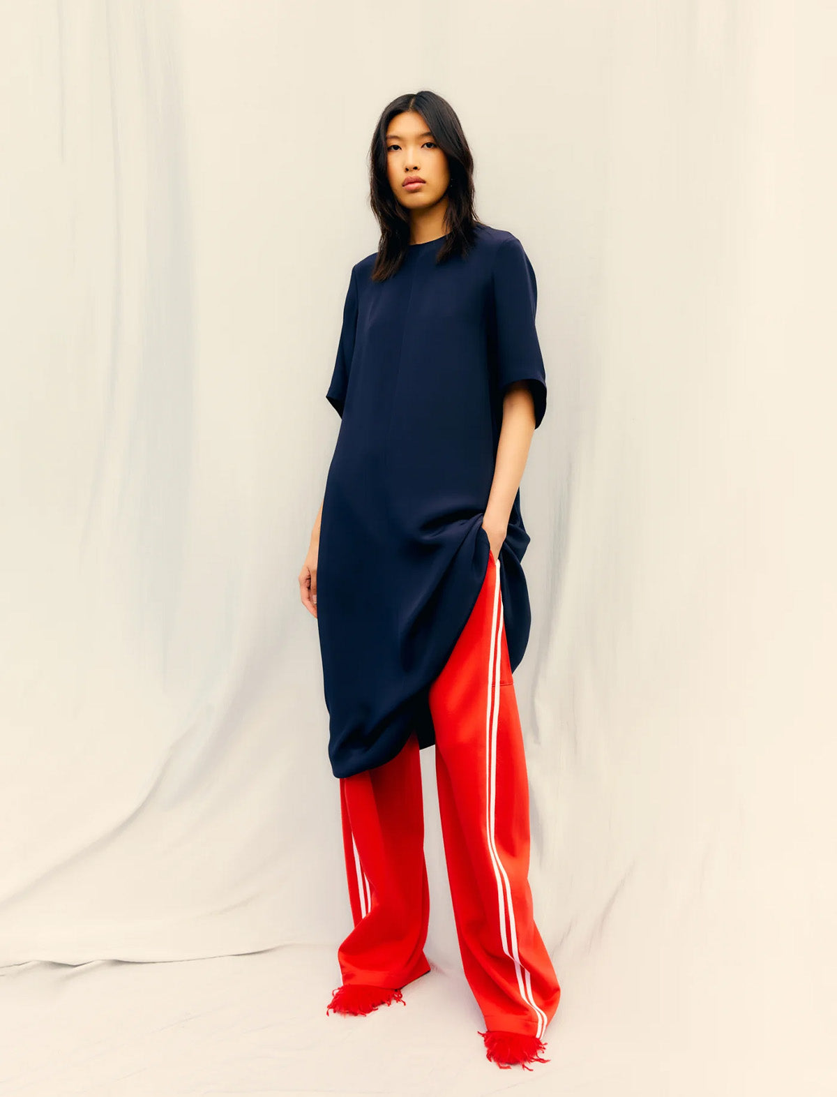 TIBI 4-Ply Silk T-Shirt Dress in Dark Navy