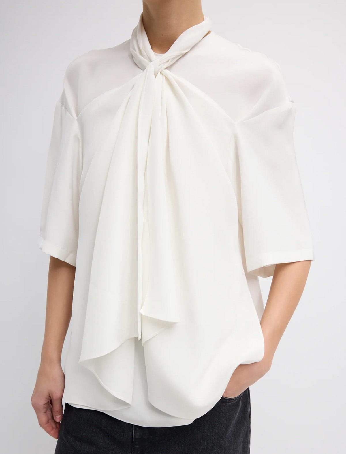 TIBI 4-Ply Silk Tie Front Top in Ivory