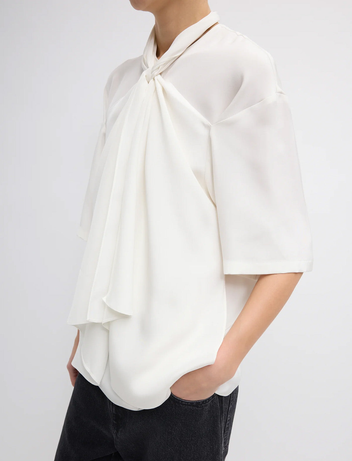 TIBI 4-Ply Silk Tie Front Top in Ivory